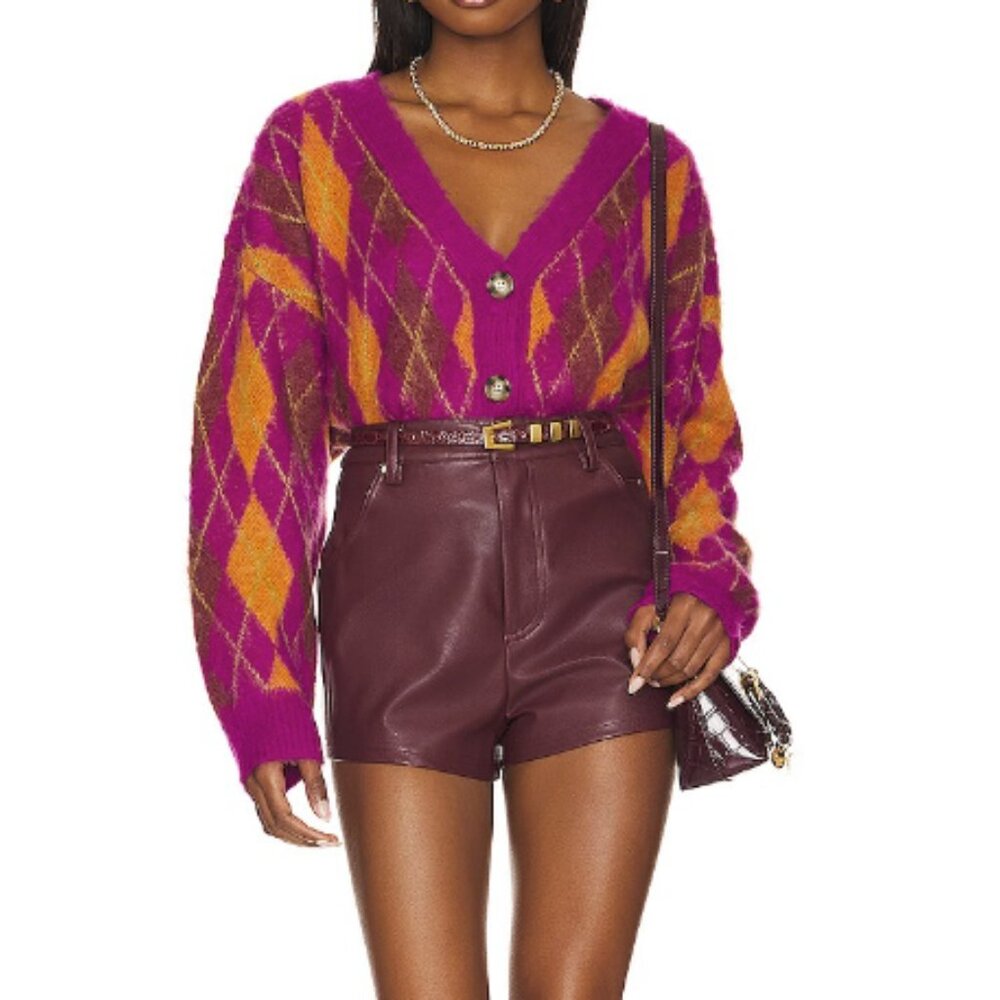 NWT Large Daydreamer Fuschia Sunset Argyle Cropped Plaid Cardigan Sweater